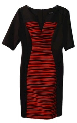 Connected Apparel Black Dress Size 12 Red Textured Panel Stretch Short Sleeve 