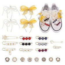 23Pcs Shoe Charm, White Pearl Bow and Yellow Tulle Raw-Edge Fringe Bow Clips