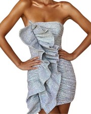 House of CB Grace Holographic Silver Sequin Strapless Dress, size M