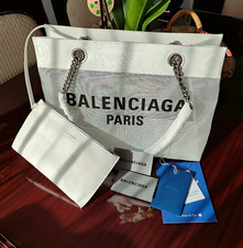 Borsa da trasporto Balenciaga Paris bianca con logo e manici a catena, borsa rimovibile