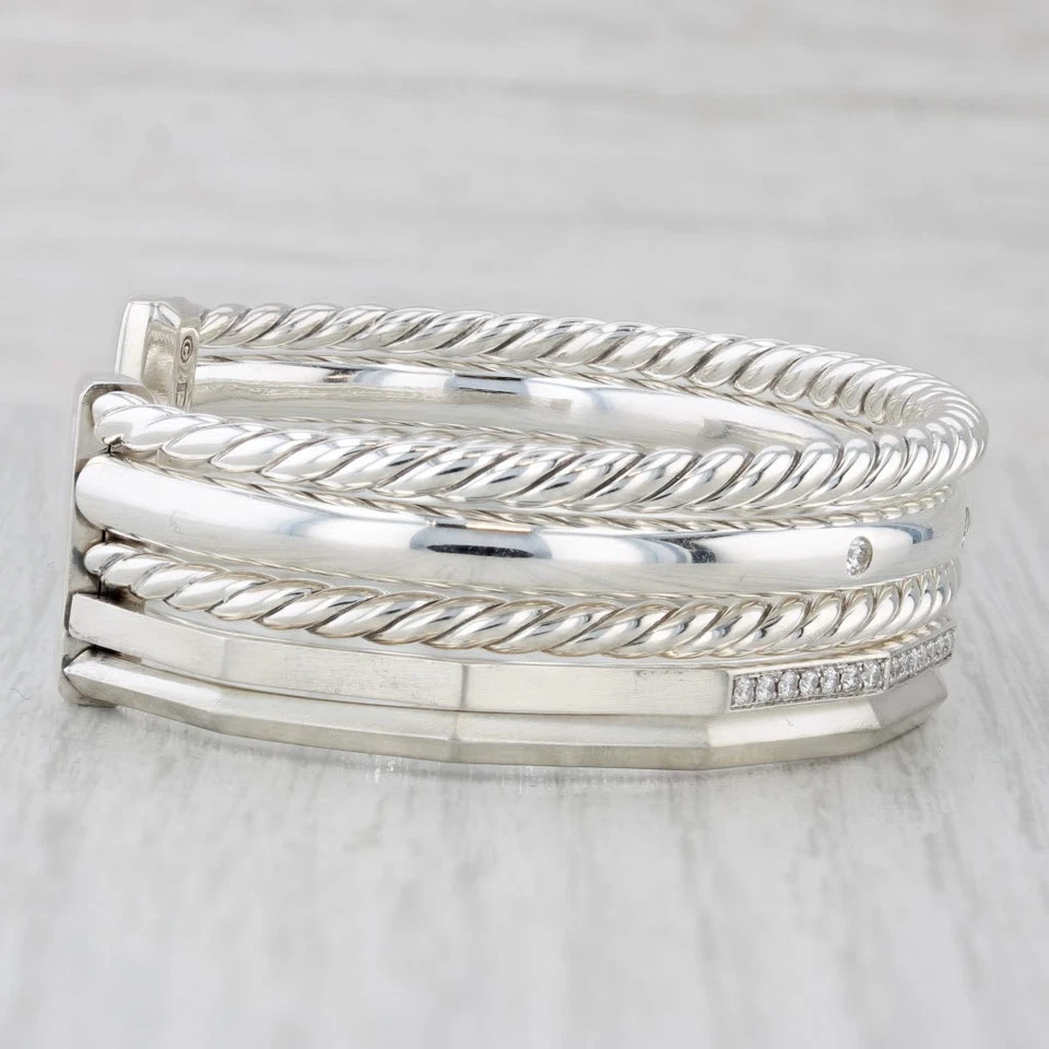 David Yurman 0.51ctw Diamond Stax 5 Row Bracelet Pouch Sterling Silver 6" - Image 4 of 4