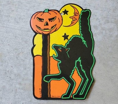 Vintage Black Cat & Pumpkin Beistle Near Mint 1960s Halloween Decoration Diecut 