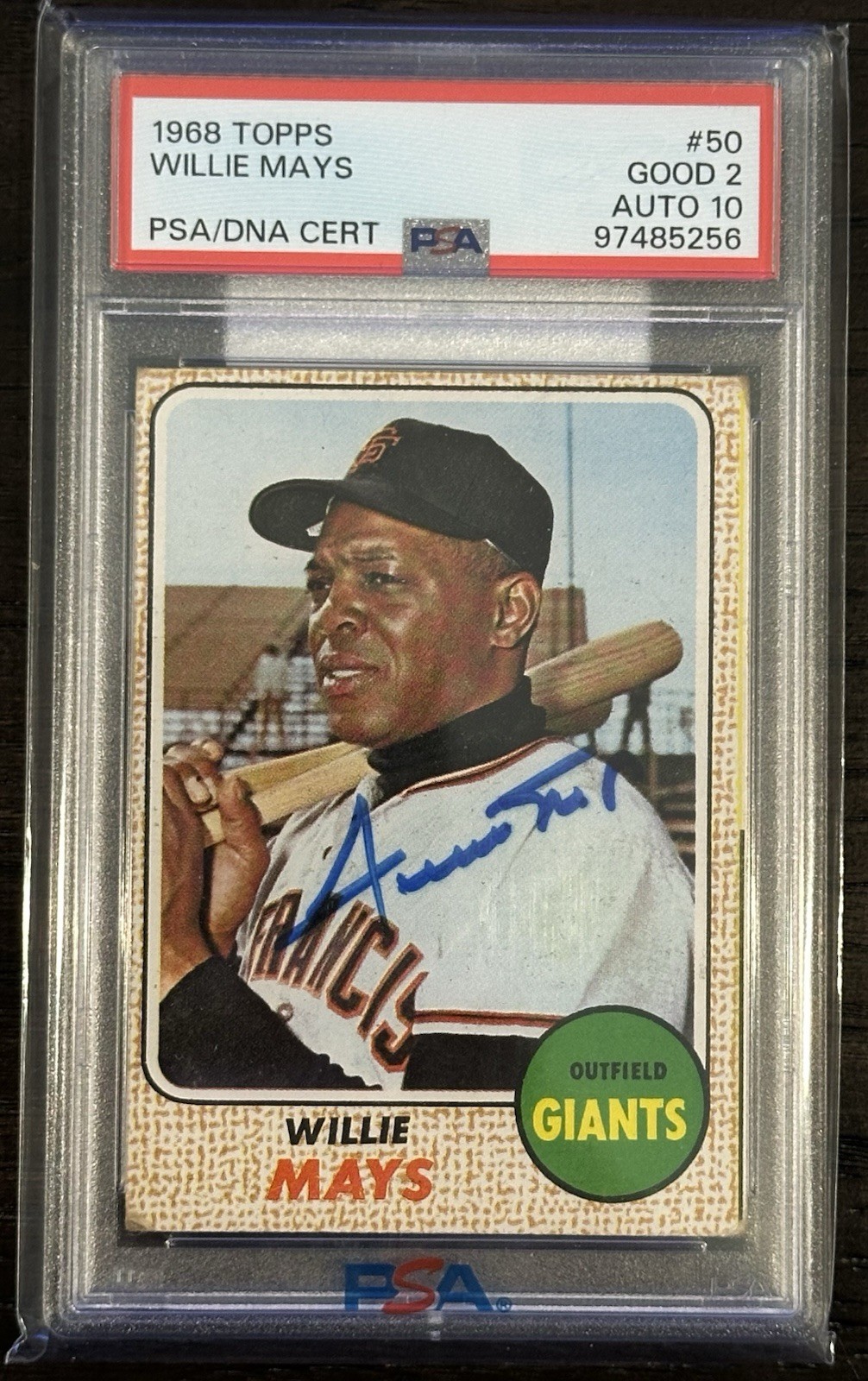 1968 Topps Willie Mays On Card Autograph PSA/DNA 2 Good Auto 10!!! HOF!!!
