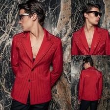 Red Luxury Rhinestone Men's Jacket Peak Lapel Evening Prom Party Coat Blazer