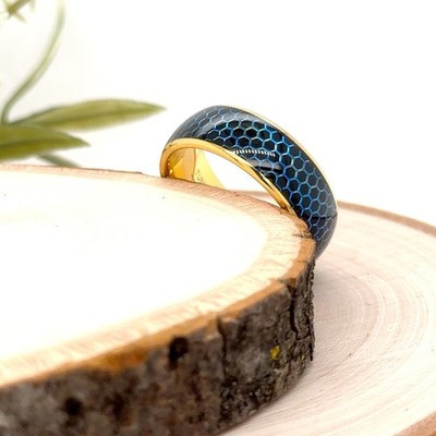 8mm Yellow Gold Tungsten Ring Blue Honeycomb Pattern Band For Christmas Gifts