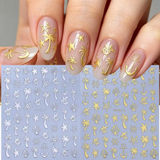 2 Sheet Bronzing Nail Stickers Summer Ocean Style Golden Silvery Seashell Coconu