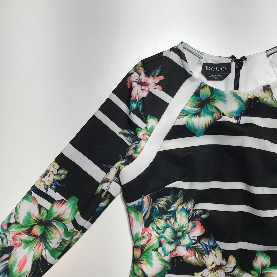 Vestido Bebe para mujer XS blanco negro a rayas estampado tropical cuello redondo midi ceñido al cuerpo Foto 3 de 4