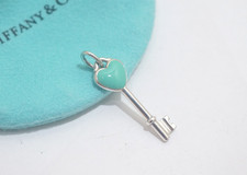 Tiffany  Co. Silver Blue Enamel Heart Key Pendant Charm