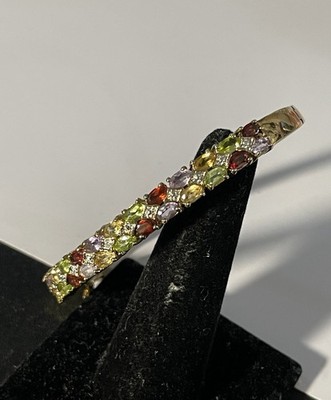 Vintage Sterling Silver Multiple Colored Gemstone Diamond Bangle Bracelet