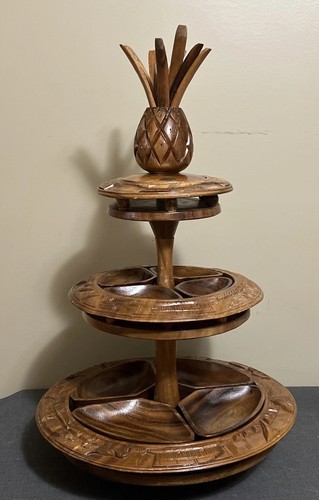 VTG Teak Hand Carved 3 Tier Lazy Susan Pineapple Server Hawaiian Monkey Pod Nice