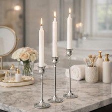 3pc Silver Candlestick Holder Set Metal Dinner Candle Stands with Candles