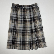 Vintage Plaid Midi Skirt Brown Grey Black High Waist Pleated Wool Blend