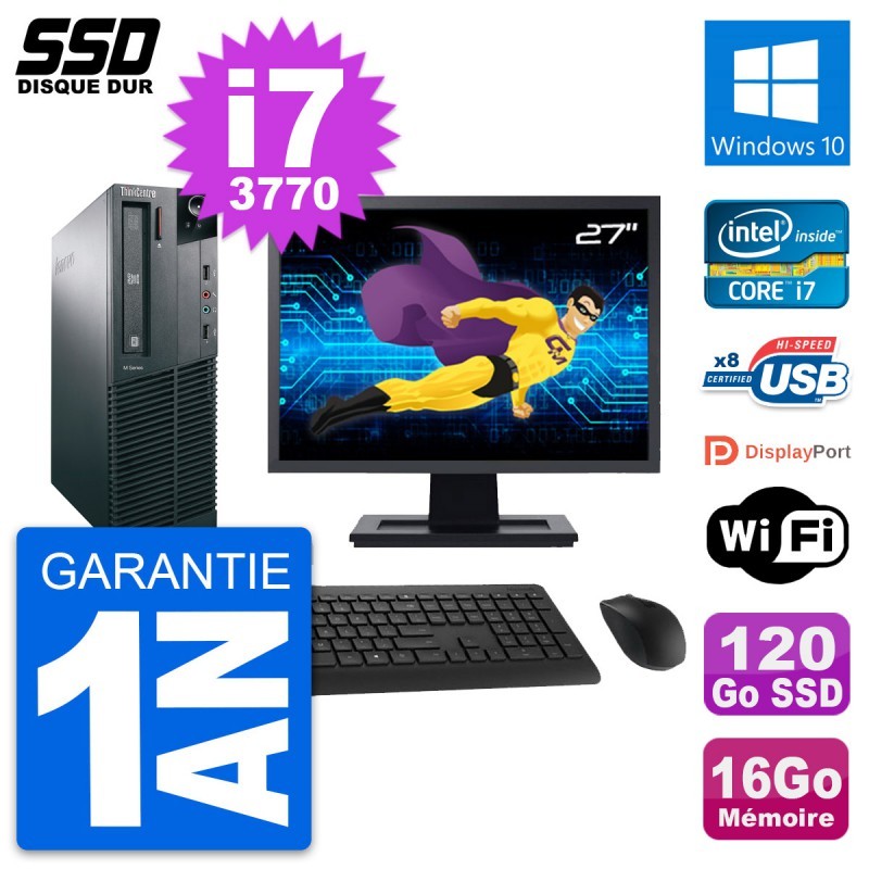 PC Lenovo M82 SFF Ecran 27" Intel i7-3770 RAM 16Go SSD 120Go Windows 10 Wifi