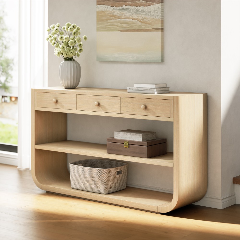 Modern Curved Console Table with 3 Soft-Close Drawers & 2 Op