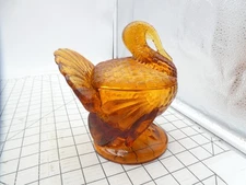 Vintage Amber Glass Turkey Covered Candy Dish Bowl