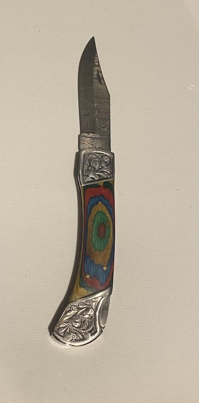 Damascus Folding Pocket Knife With Look Back Handle New Without Box
