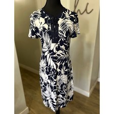NWT CHAPS Women's Navy White Tropical Floral Print Lace Up Dress Medium ($69)