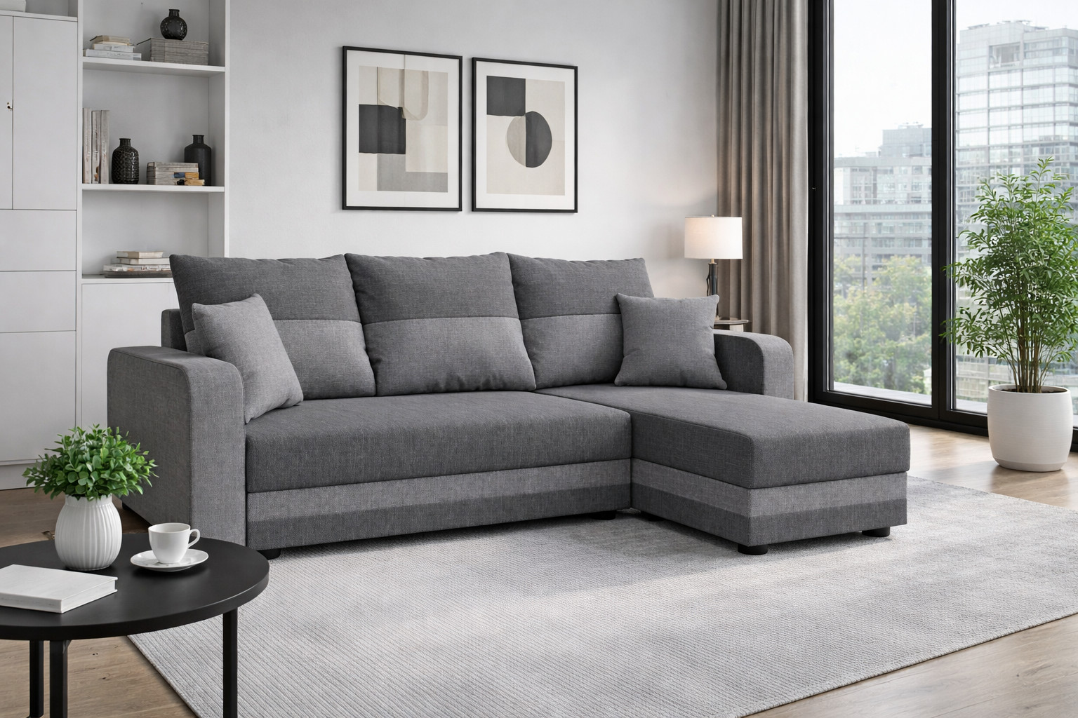 Corner Sofa Bed Black Soft Fabric/White PVC. Double Bed, Large Storage. 25 Convertible L-Shaped universal corner sofa bed JUMBO with storage Grey UK Stock