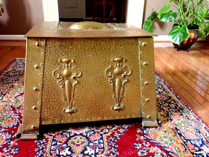 Arts & Crafts Planished Copper Coal Chest Box W/ Art Nouveaux Inspired Motifs