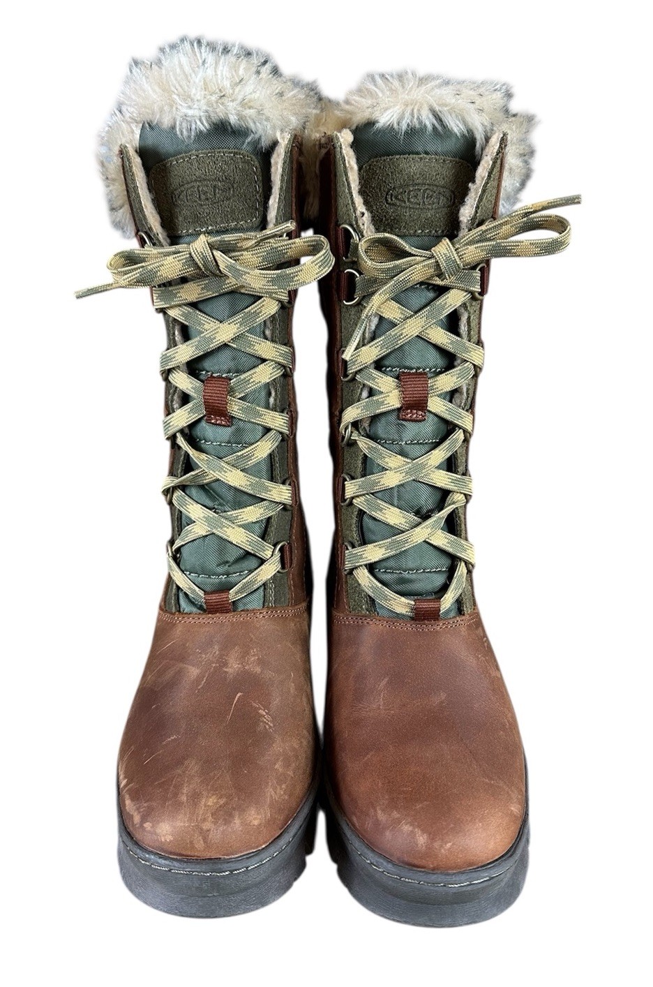 Stivali invernali alti Keen Wapato marroni pelle pelliccia sintetica isolati donna taglia 8