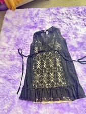 American Rag Cie Wrap V-Neck Lace Dress Black Beige Tie Lined Knee Length M
