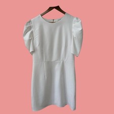TCEC Mini Dress Size Large White Puff Sleeve Pleated Crepe Round Neck Shift
