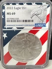 2022 $1 AMERICAN SILVER EAGLE NGC MS69 USA FLAG CORE HOLDER