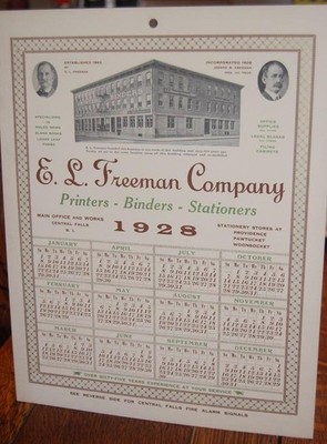 VINTAGE 1928 E.L. FREEMAN CO.  PRINTERS RI. CALENDAR FIRE ALARM SIGNALS SIGN