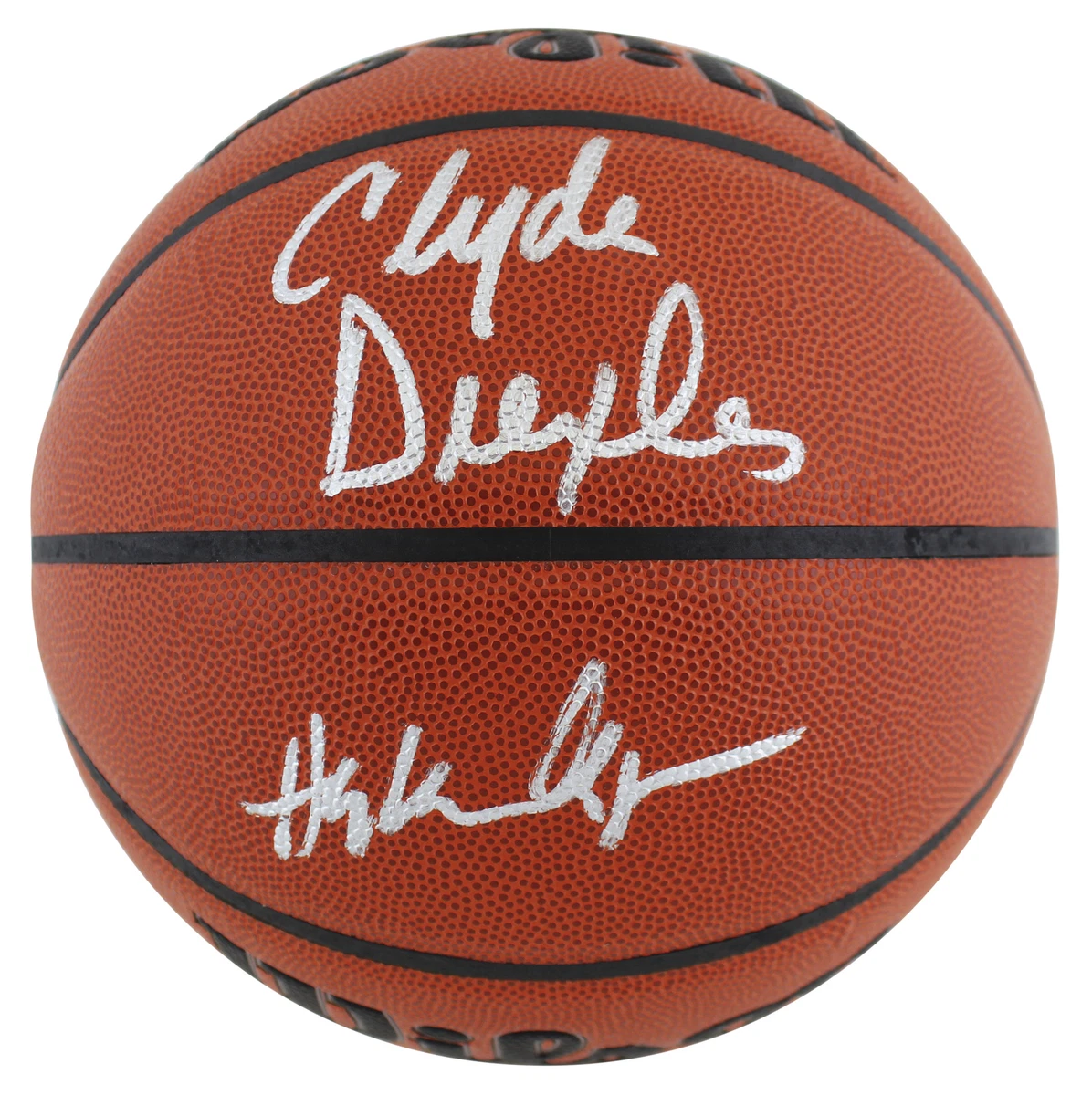 Hakeem Olajuwon Clyde Drexler Signed Wilson Basketball w Silver