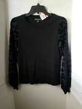 INC INTERNATIONAL CONCEPTS BLACK KNIT TOP VELVETEEN MESH SLEEVES SIZE XS - NWT 