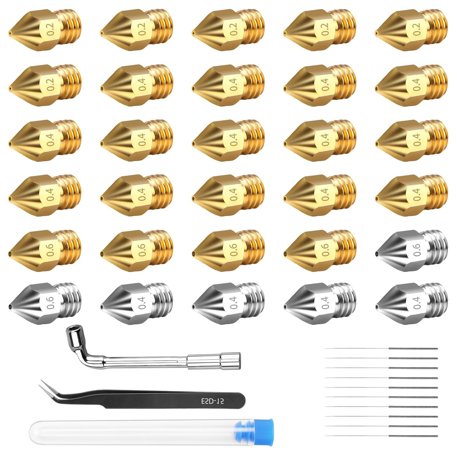 30 Stk 3D Drucker Düse Set, MK8 Extruder Düse 0,2Mm 0,4Mm 0,6Mm Messing Nozzle S