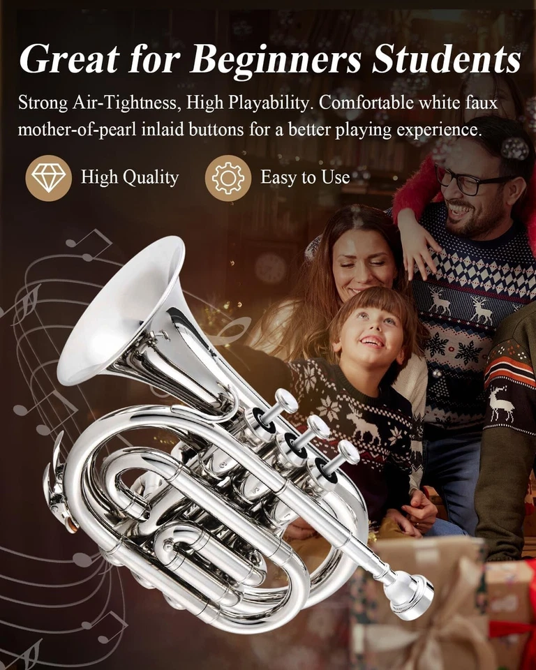 Trompeta de estudiante de latón níquel corneta cuerno de bolsillo vintage 3 válvulas y boquilla Foto 2 de 4