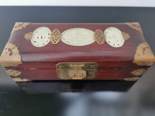 Old Chinese Rosewood Handmade Jewelry Box Handcrafted Carved Jade Red Silk Linin