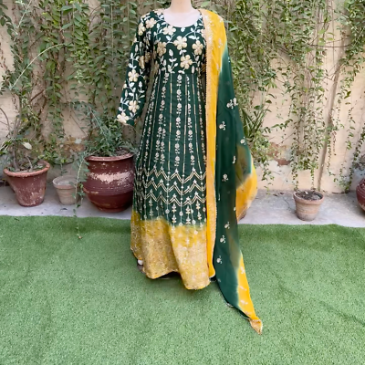 Pakistani Dark Green Long Maxi Style Embroidered Sequins Fancy Chiffon Dress,XL  | eBay