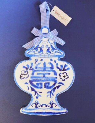SEASONAL ABODE Blue Asian GINGER JAR Wooden Painted Ornament Wall Hanging NWT