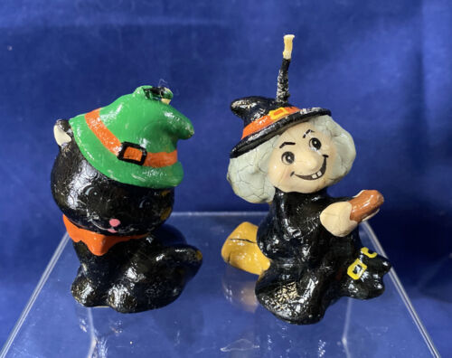 Vintage Lot Of 2 Russ Black Cat And Witch Halloween Candle Sealed Macau - Afbeelding 1 van 3