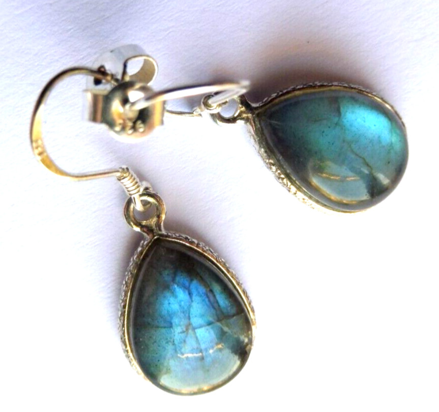 Boucles d'oreilles labradorite bleue contre le stress, pendantes en argent massif anti-allergie