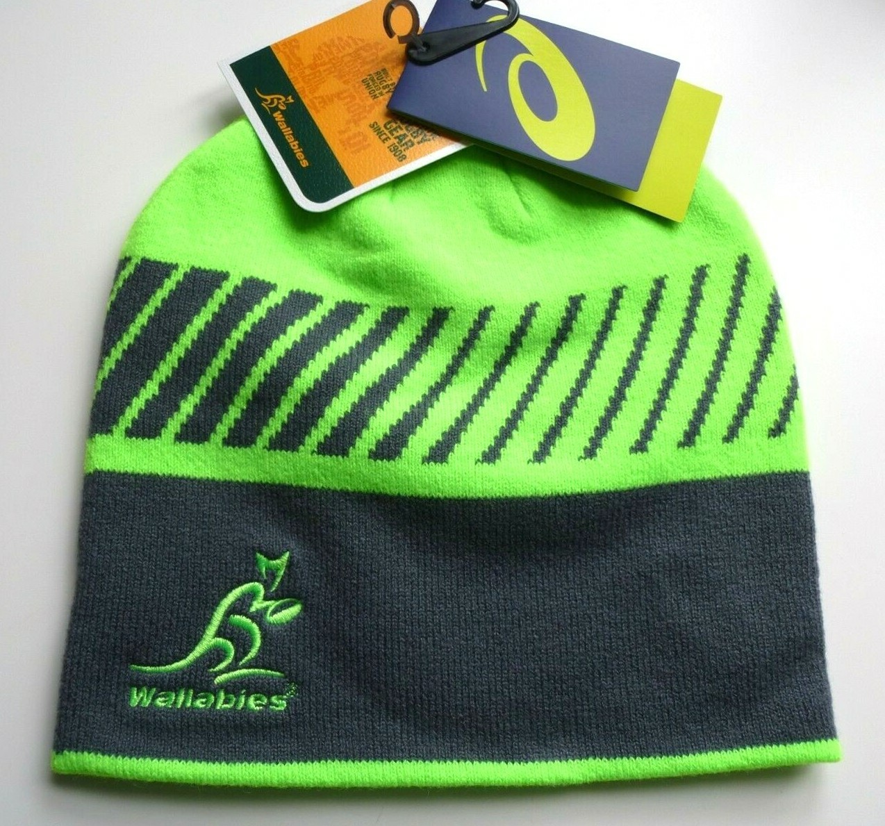 ASICS Wallabies AUSTRALIA RUGBY Skull HAT Toque Beanie Tags Gecko Green OSFA