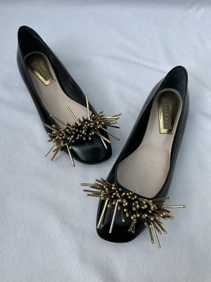 $395 Stephen Venezia Italy Black Flats Patent Leather 39 EU 8.5 US Beaded Pom