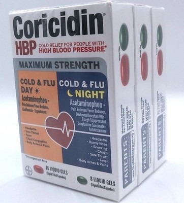 3Pk- Coricidin HBP Cold & Flu Day & Night, 72 Total Liquid Gels, Exp. 03/2027 OP