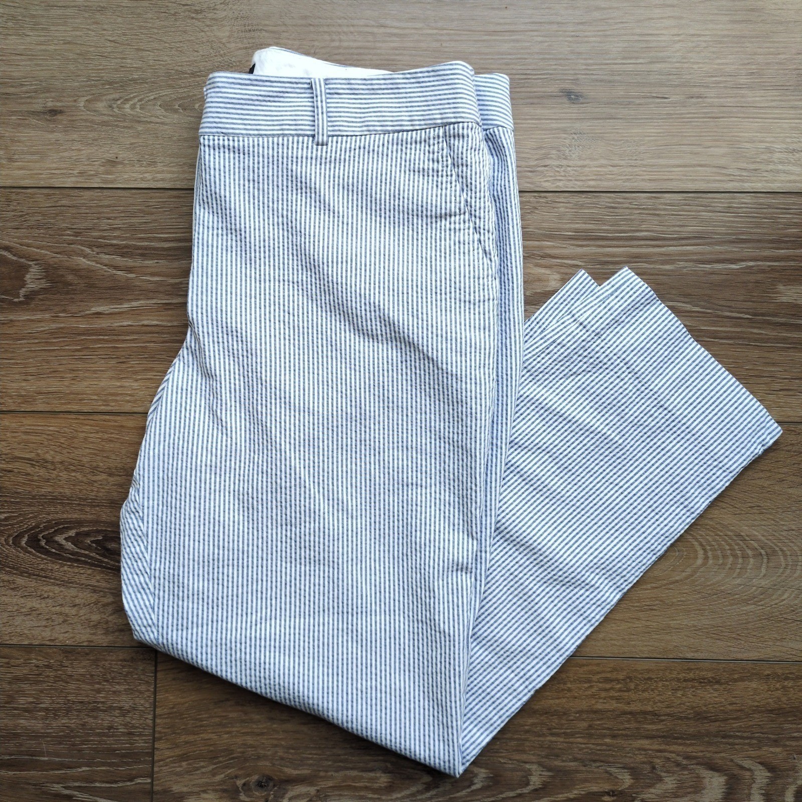 Talbots Seersucker Stripe Ankle Crop Pants - Blue White Preppy Beach Coastal 12