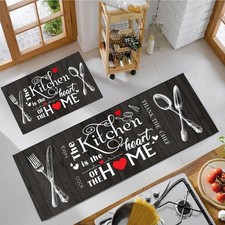 Farmhouse Kitchen Rug 2 Piece Set, Black and White Rustic Vintage Style Theme