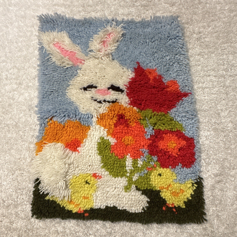 1980’s Handcrafted Latch Hook Rug Wall Hanging Bunny Rabbit w/ Flowers & Chicks