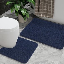 2 PCS Bathroom Rug Set 20x20 UShape 21x34 Inch Non Slip Washable Navy Blue