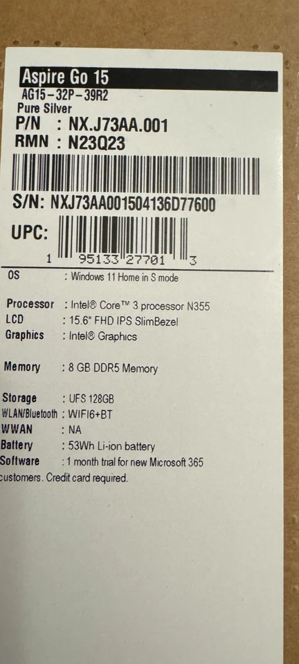 Portátil Aspire Go 15 AI Ready 15,6" FHD IPS 8 GB DDR5 128 GB UFS WIN11HOME MODO S Foto 2 de 4