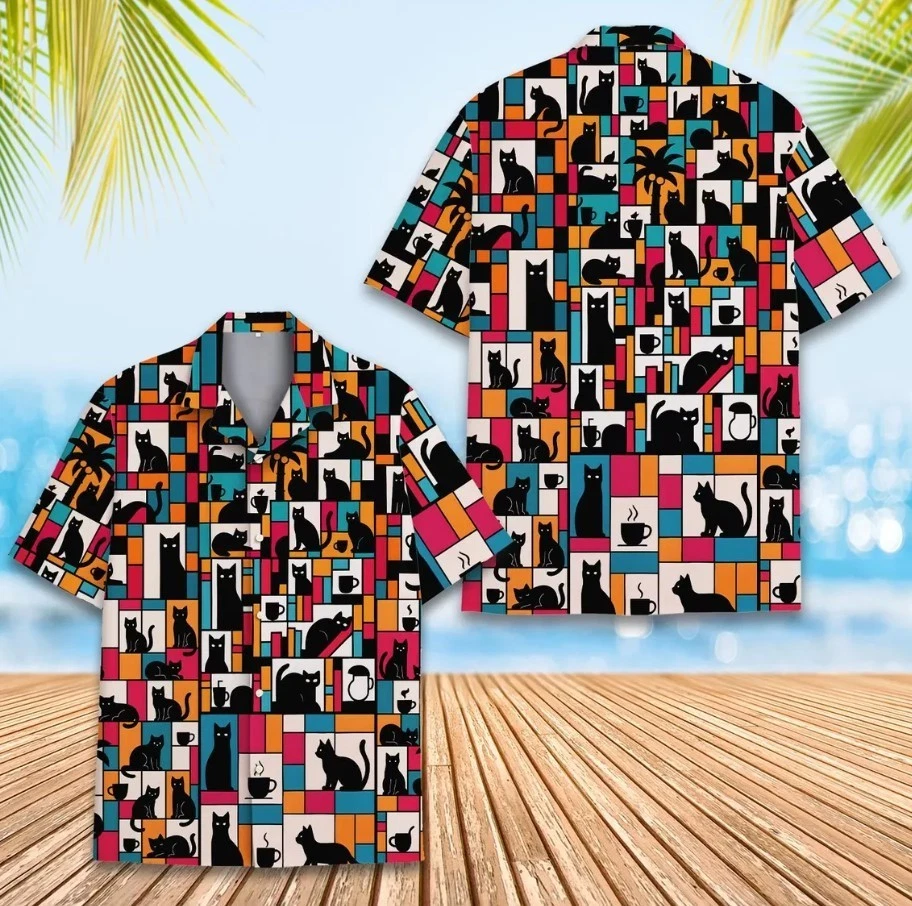 Retro Cat Hawaiian Shirt Men Women Youth, Colorful Coffee and Cat Print Shirt