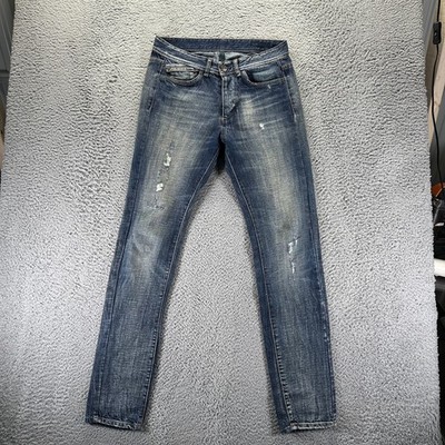 Benetton Jeans Mens 32x34 Blue Slim Distressed Button Fly Cotton Medium Wash