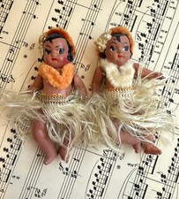 2 ANTIQUE 30's 40's HAWAII JOINTED CELLULOID DRESSED HULA DOLLS