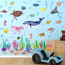 Ocean Wall Decals Watercolor Under The Sea Wild Life Animals Sea Turtles Whal...