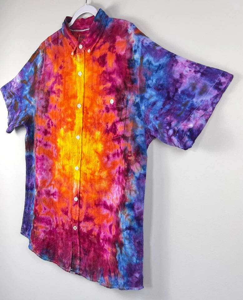 Handmade Tie Dye Linen Button-Down, Scrunch Tie Dye Short Sleeve Ice Dye, XL - Image 3 of 4